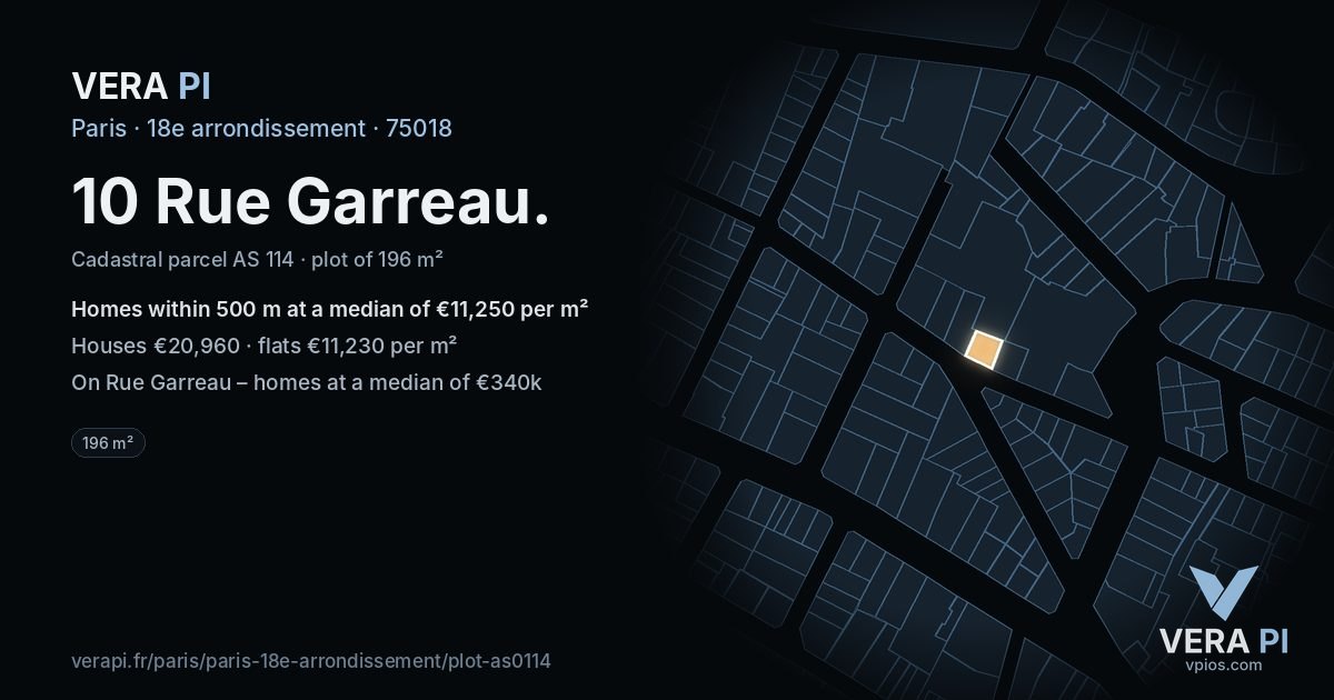 10 Rue Garreau, 18e arrondissement at night – the plot lit, the parcels around coloured by the prices near them