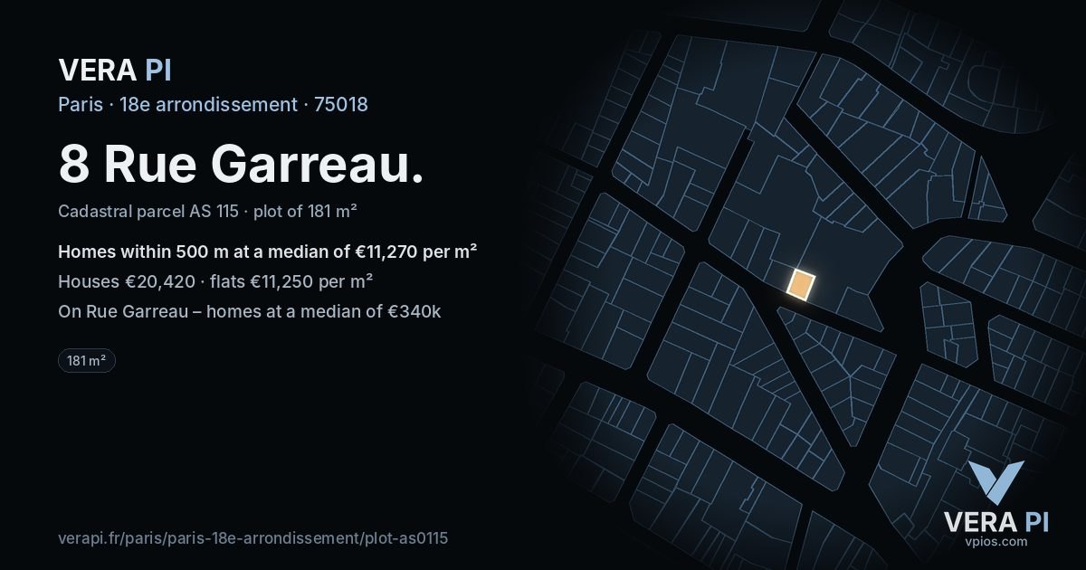 8 Rue Garreau, 18e arrondissement at night – the plot lit, the parcels around coloured by the prices near them