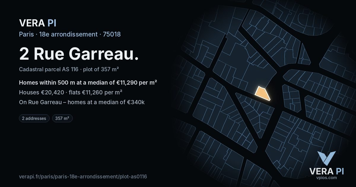 2 Rue Garreau, 18e arrondissement at night – the plot lit, the parcels around coloured by the prices near them