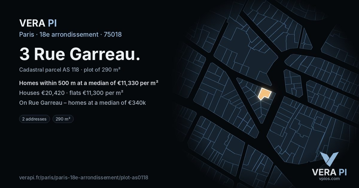 3 Rue Garreau, 18e arrondissement at night – the plot lit, the parcels around coloured by the prices near them