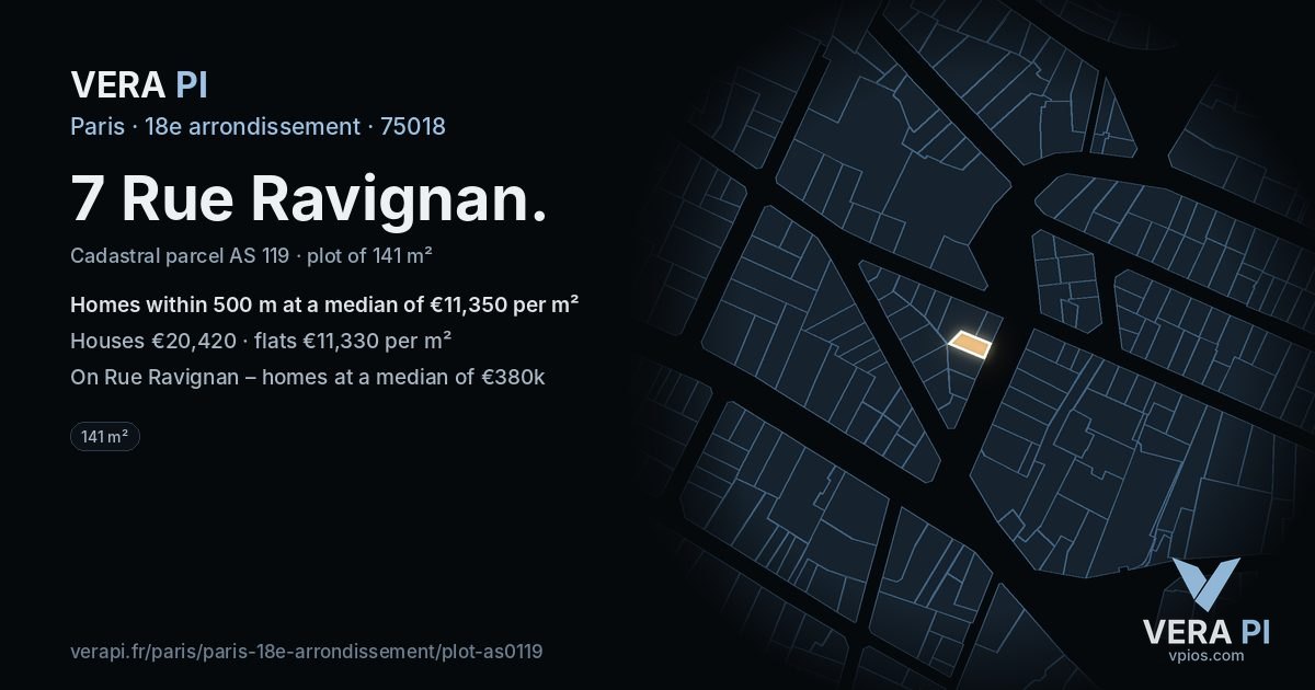 7 Rue Ravignan, 18e arrondissement at night – the plot lit, the parcels around coloured by the prices near them