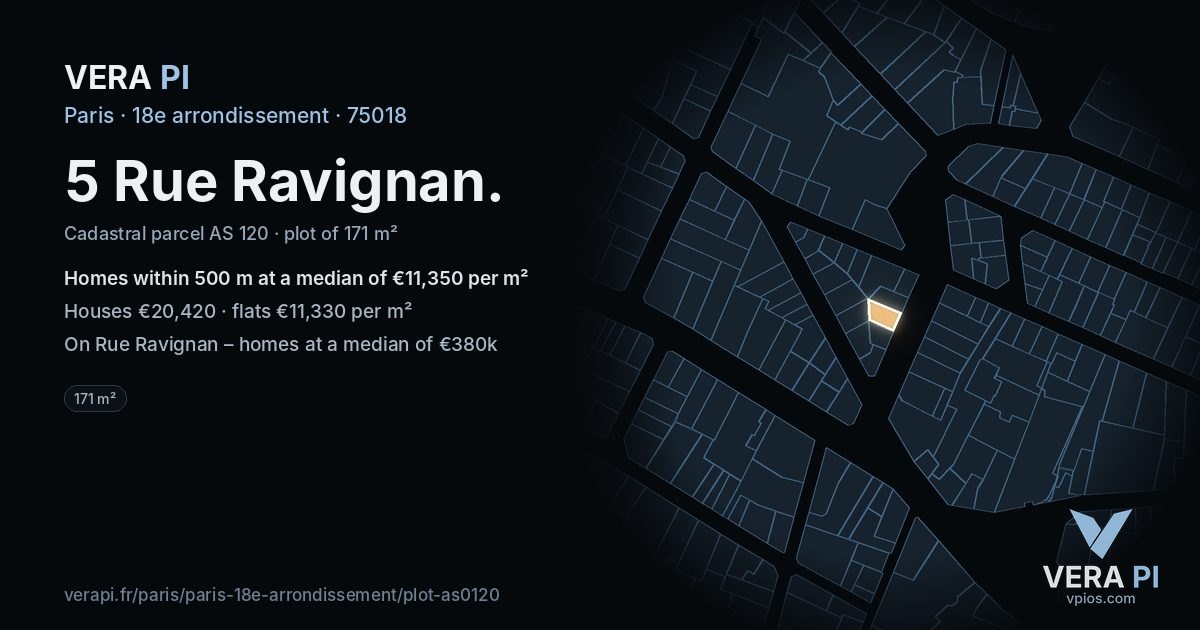 5 Rue Ravignan, 18e arrondissement at night – the plot lit, the parcels around coloured by the prices near them