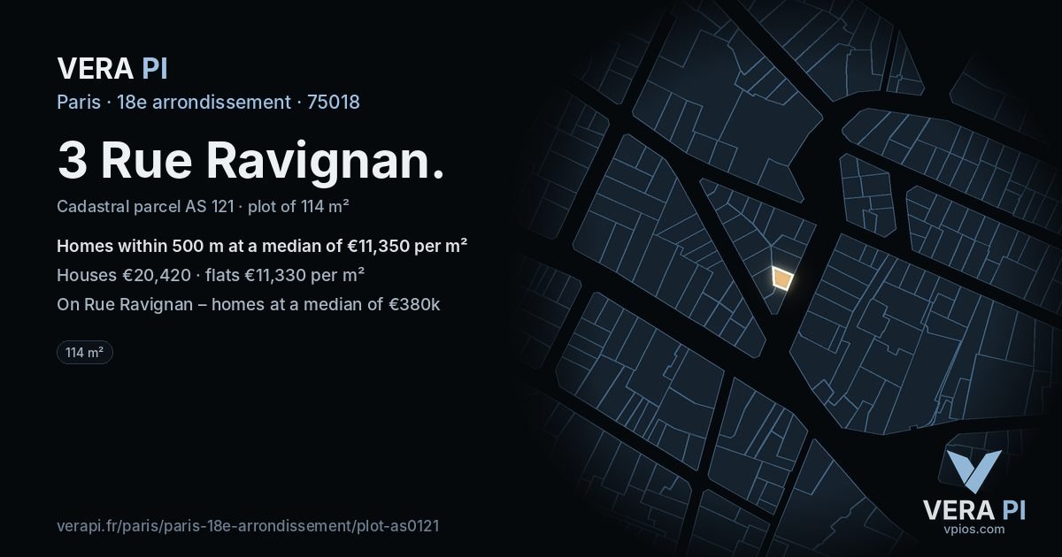 3 Rue Ravignan, 18e arrondissement at night – the plot lit, the parcels around coloured by the prices near them
