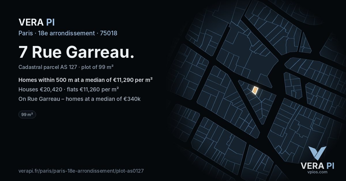 7 Rue Garreau, 18e arrondissement at night – the plot lit, the parcels around coloured by the prices near them