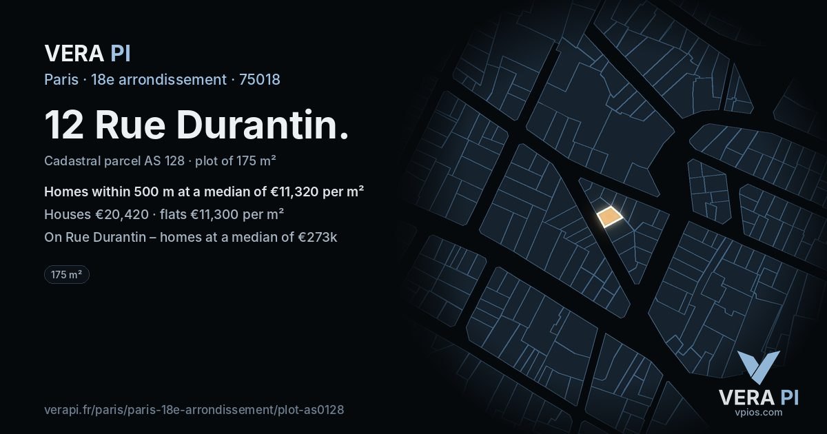 12 Rue Durantin, 18e arrondissement at night – the plot lit, the parcels around coloured by the prices near them