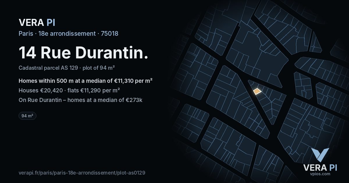 14 Rue Durantin, 18e arrondissement at night – the plot lit, the parcels around coloured by the prices near them