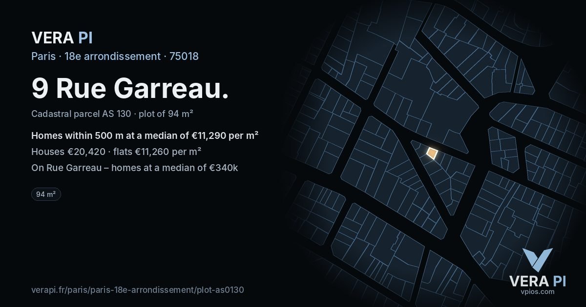 9 Rue Garreau, 18e arrondissement at night – the plot lit, the parcels around coloured by the prices near them