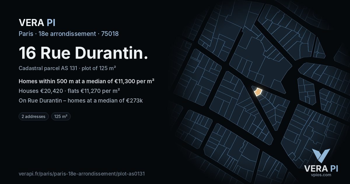 16 Rue Durantin, 18e arrondissement at night – the plot lit, the parcels around coloured by the prices near them