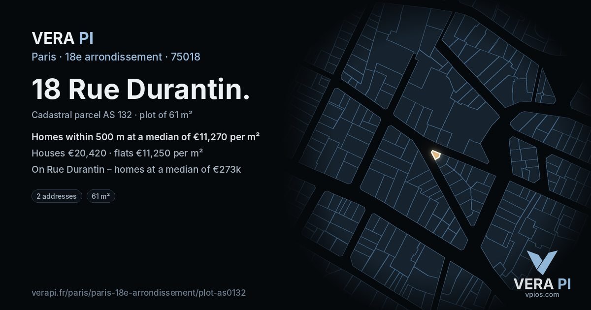 18 Rue Durantin, 18e arrondissement at night – the plot lit, the parcels around coloured by the prices near them
