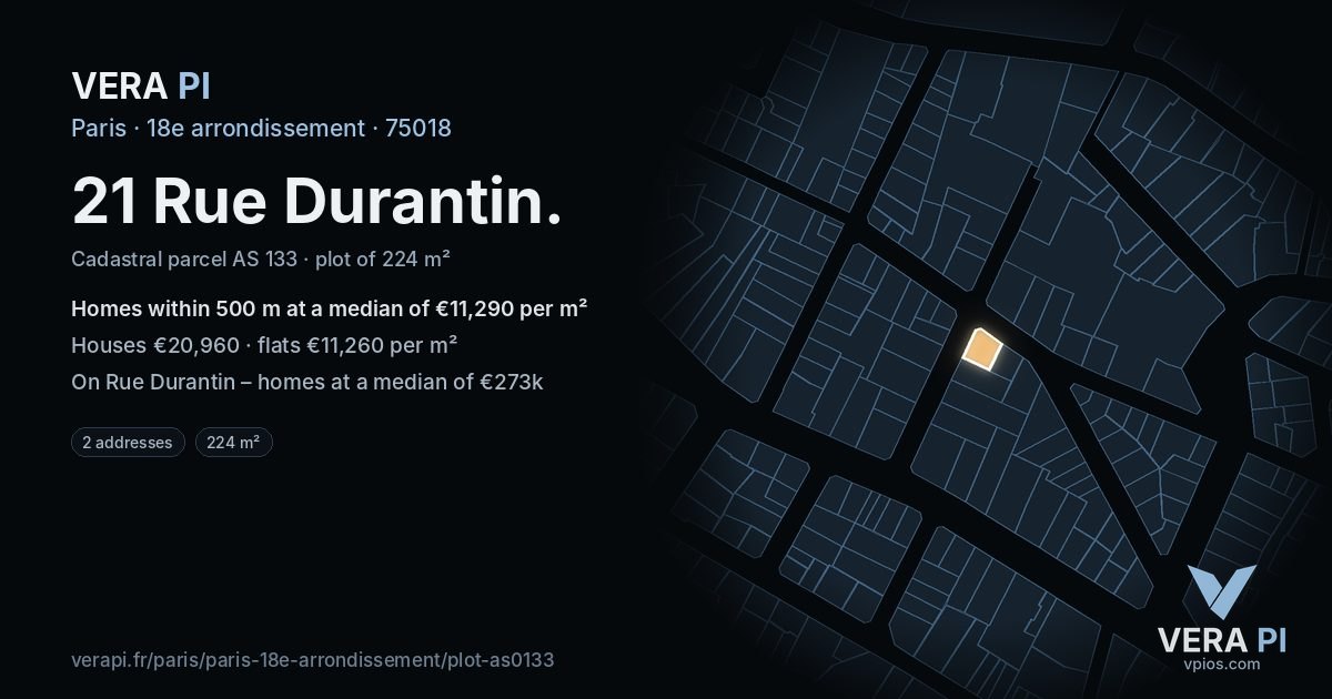21 Rue Durantin, 18e arrondissement at night – the plot lit, the parcels around coloured by the prices near them