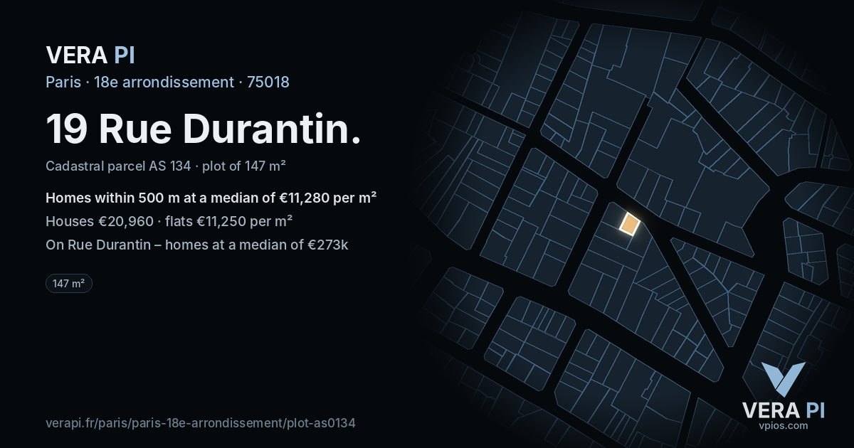 19 Rue Durantin, 18e arrondissement at night – the plot lit, the parcels around coloured by the prices near them