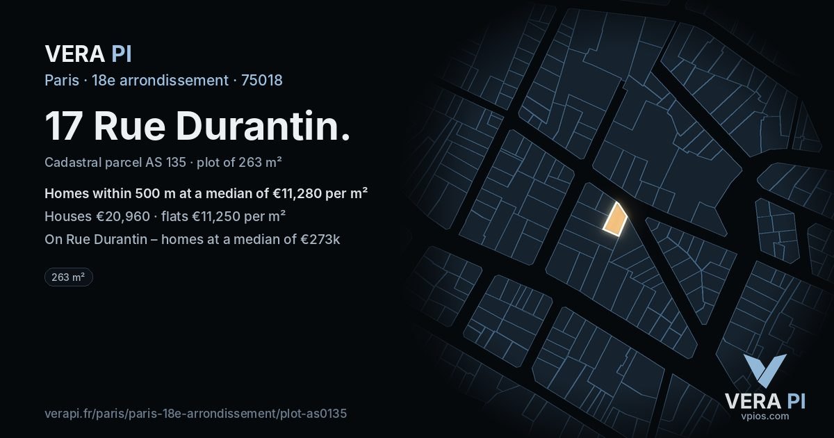 17 Rue Durantin, 18e arrondissement at night – the plot lit, the parcels around coloured by the prices near them