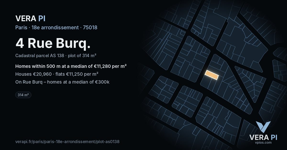 4 Rue Burq, 18e arrondissement at night – the plot lit, the parcels around coloured by the prices near them