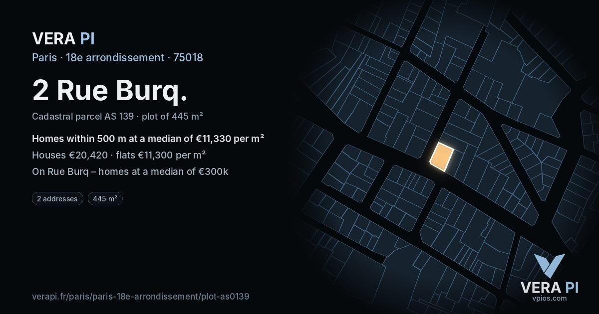 2 Rue Burq, 18e arrondissement at night – the plot lit, the parcels around coloured by the prices near them