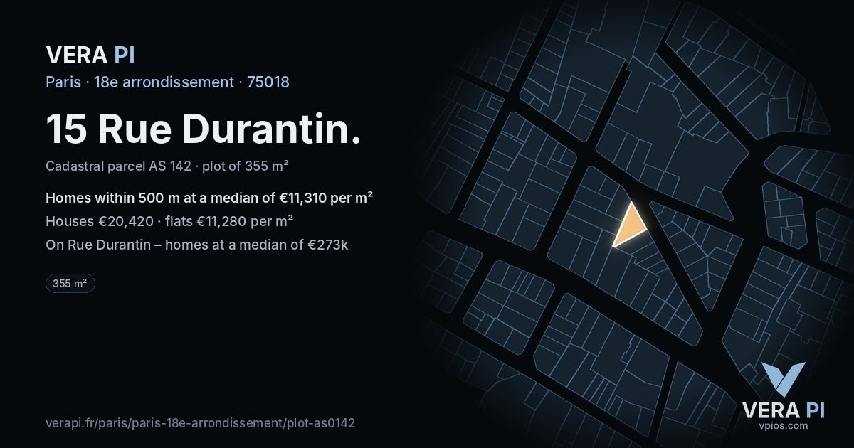 15 Rue Durantin, 18e arrondissement at night – the plot lit, the parcels around coloured by the prices near them