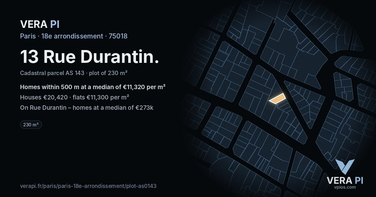 13 Rue Durantin, 18e arrondissement at night – the plot lit, the parcels around coloured by the prices near them