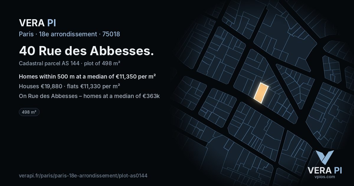 40 Rue des Abbesses, 18e arrondissement at night – the plot lit, the parcels around coloured by the prices near them