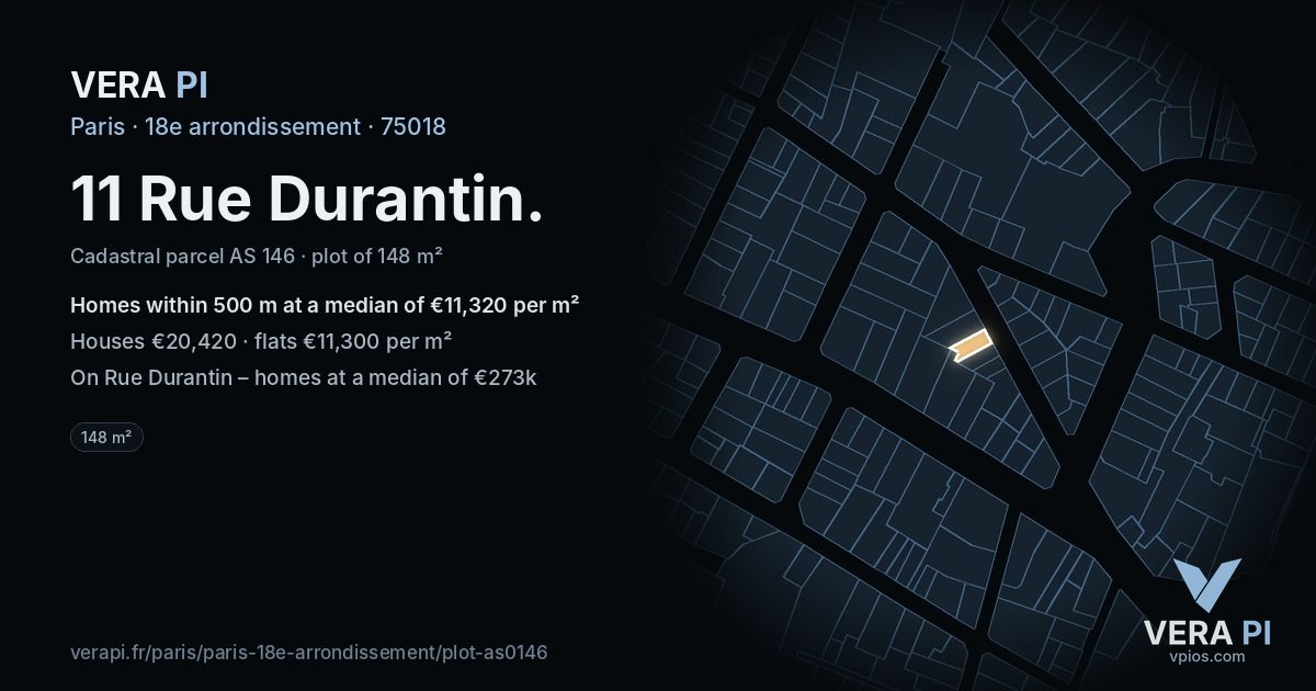 11 Rue Durantin, 18e arrondissement at night – the plot lit, the parcels around coloured by the prices near them