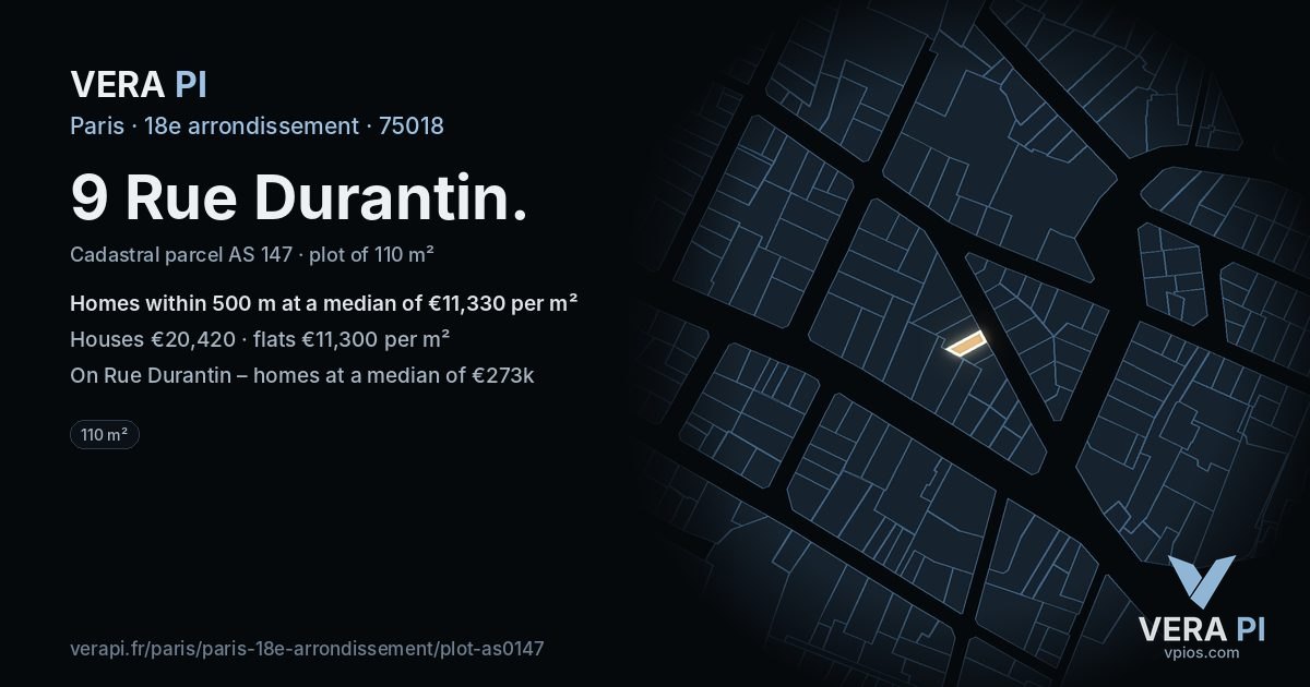 9 Rue Durantin, 18e arrondissement at night – the plot lit, the parcels around coloured by the prices near them