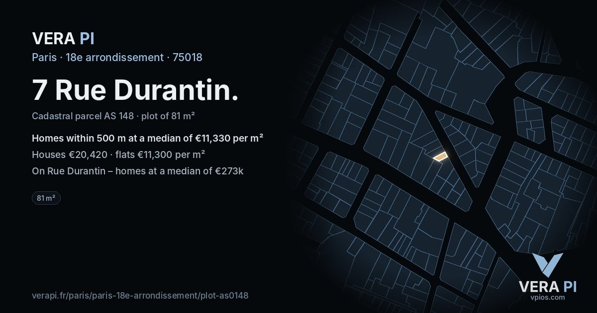 7 Rue Durantin, 18e arrondissement at night – the plot lit, the parcels around coloured by the prices near them