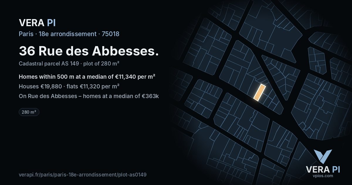 36 Rue des Abbesses, 18e arrondissement at night – the plot lit, the parcels around coloured by the prices near them