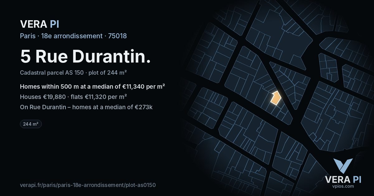 5 Rue Durantin, 18e arrondissement at night – the plot lit, the parcels around coloured by the prices near them