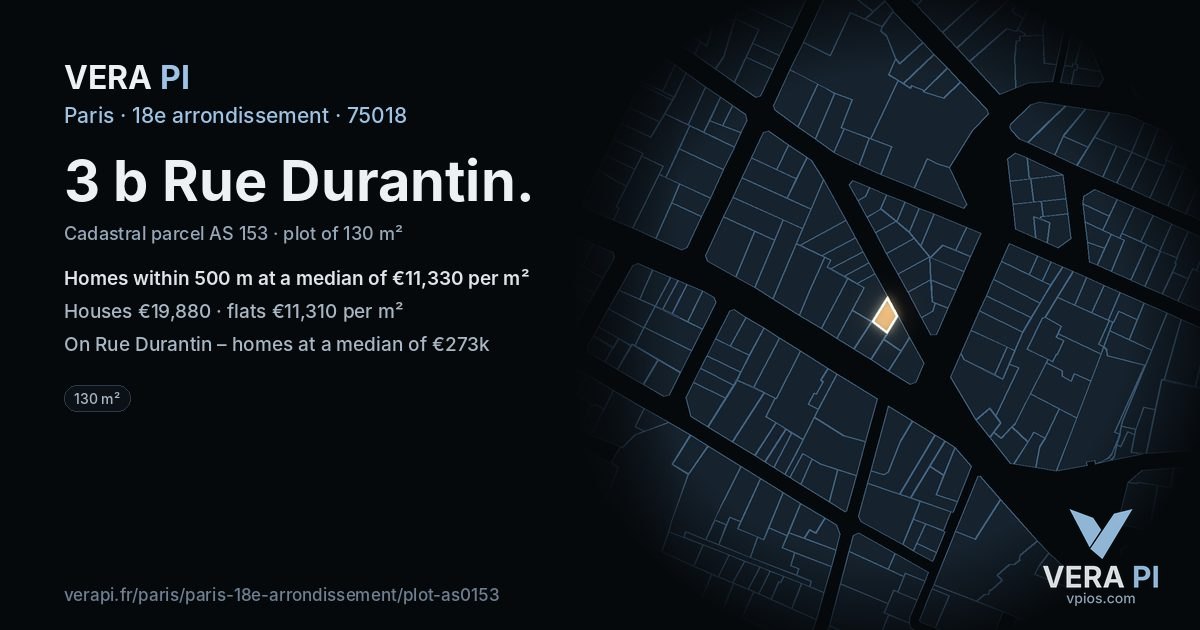 3 b Rue Durantin, 18e arrondissement at night – the plot lit, the parcels around coloured by the prices near them