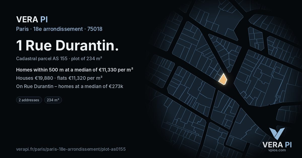 1 Rue Durantin, 18e arrondissement at night – the plot lit, the parcels around coloured by the prices near them