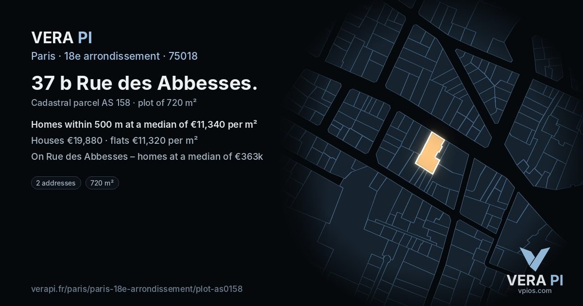 37 b Rue des Abbesses, 18e arrondissement at night – the plot lit, the parcels around coloured by the prices near them