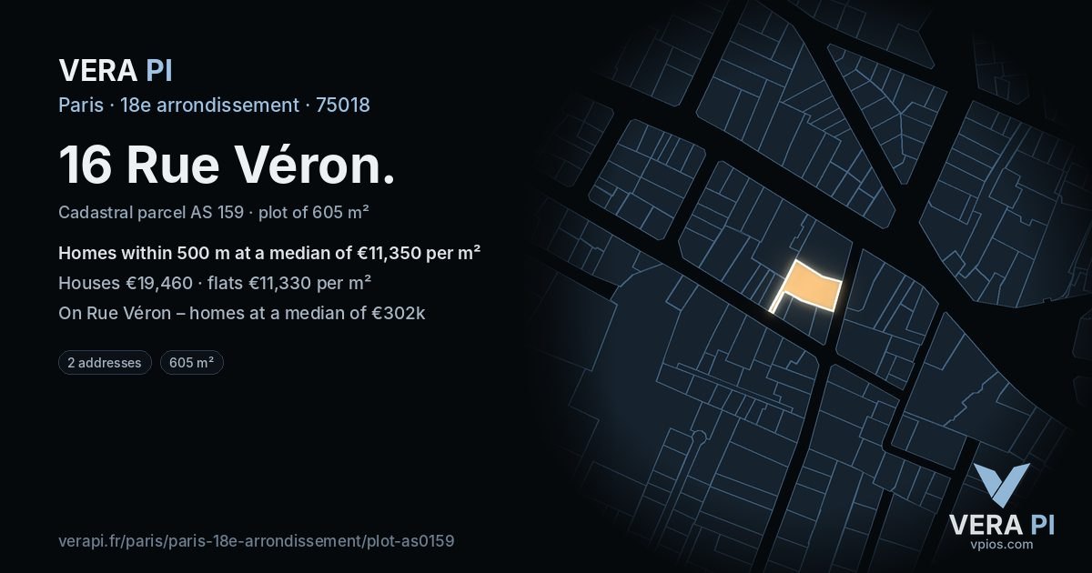 16 Rue Véron, 18e arrondissement at night – the plot lit, the parcels around coloured by the prices near them