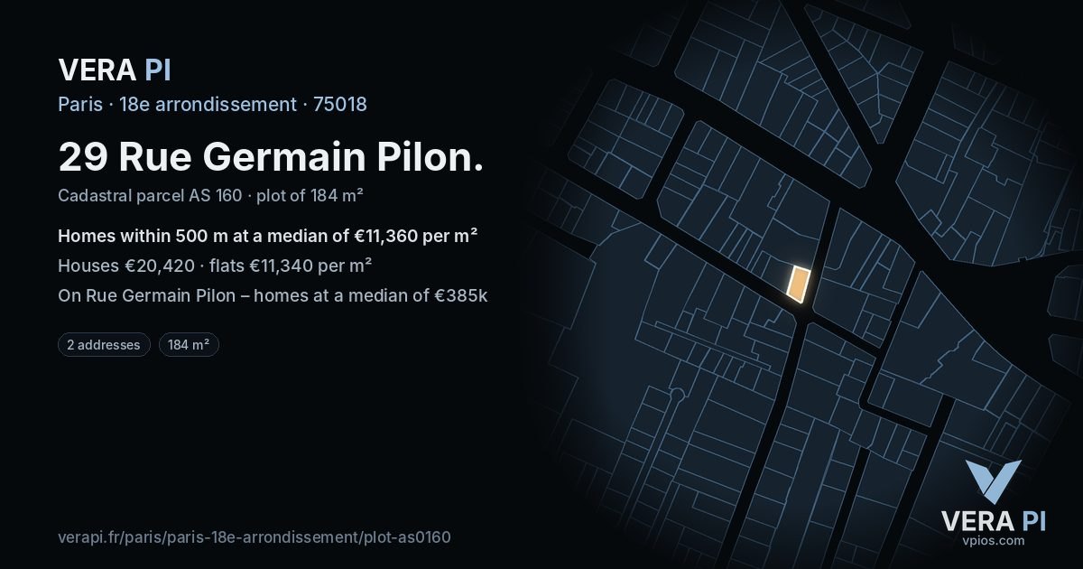 29 Rue Germain Pilon, 18e arrondissement at night – the plot lit, the parcels around coloured by the prices near them