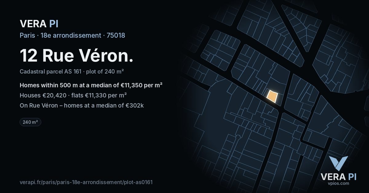 12 Rue Véron, 18e arrondissement at night – the plot lit, the parcels around coloured by the prices near them