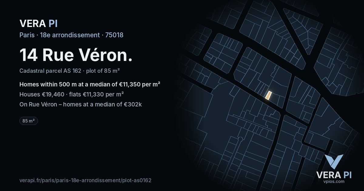 14 Rue Véron, 18e arrondissement at night – the plot lit, the parcels around coloured by the prices near them