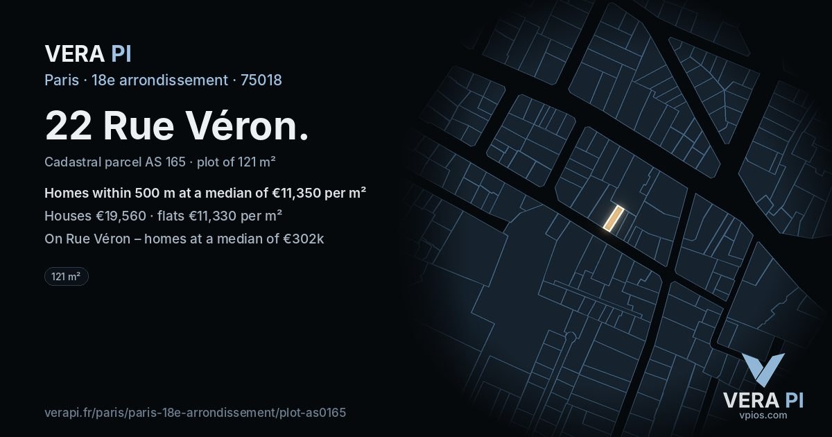 22 Rue Véron, 18e arrondissement at night – the plot lit, the parcels around coloured by the prices near them