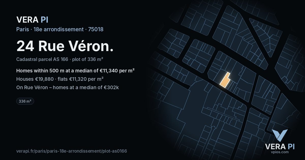 24 Rue Véron, 18e arrondissement at night – the plot lit, the parcels around coloured by the prices near them