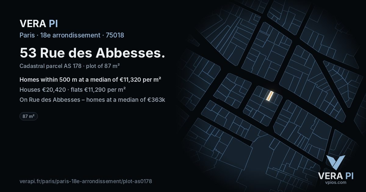 53 Rue des Abbesses, 18e arrondissement at night – the plot lit, the parcels around coloured by the prices near them