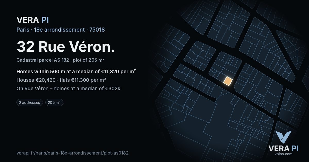 32 Rue Véron, 18e arrondissement at night – the plot lit, the parcels around coloured by the prices near them