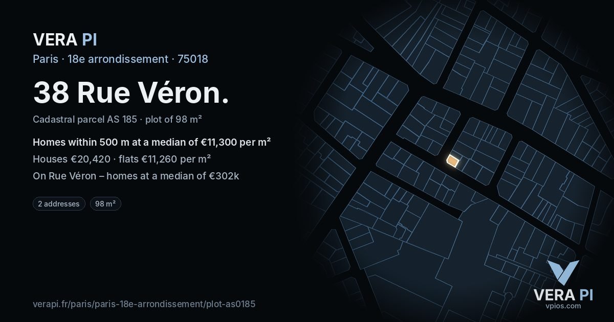 38 Rue Véron, 18e arrondissement at night – the plot lit, the parcels around coloured by the prices near them