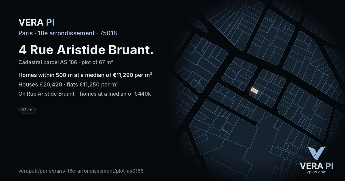 4 Rue Aristide Bruant, 18e arrondissement at night – the plot lit, the parcels around coloured by the prices near them