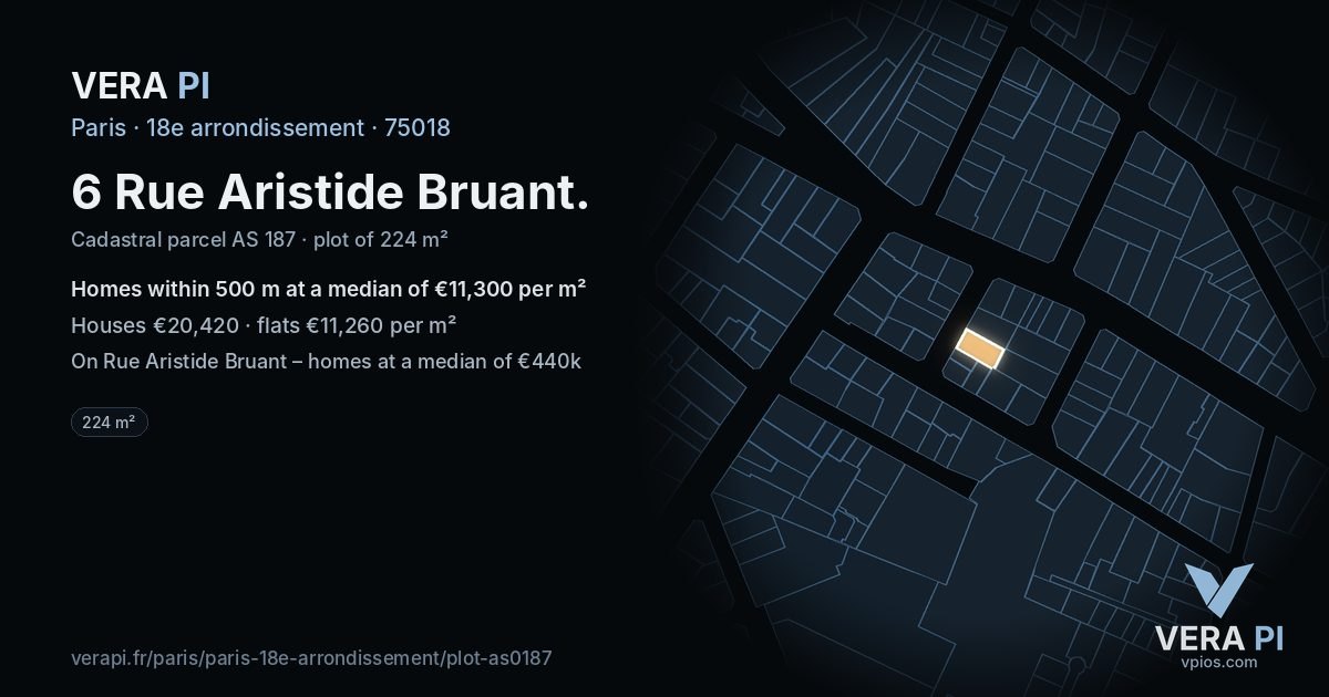 6 Rue Aristide Bruant, 18e arrondissement at night – the plot lit, the parcels around coloured by the prices near them