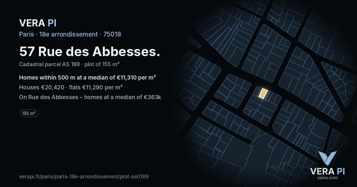 57 Rue des Abbesses, 18e arrondissement at night – the plot lit, the parcels around coloured by the prices near them