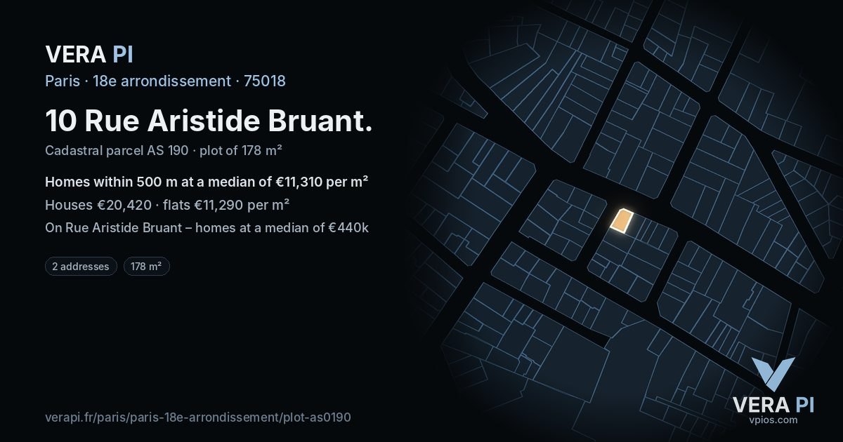 10 Rue Aristide Bruant, 18e arrondissement at night – the plot lit, the parcels around coloured by the prices near them