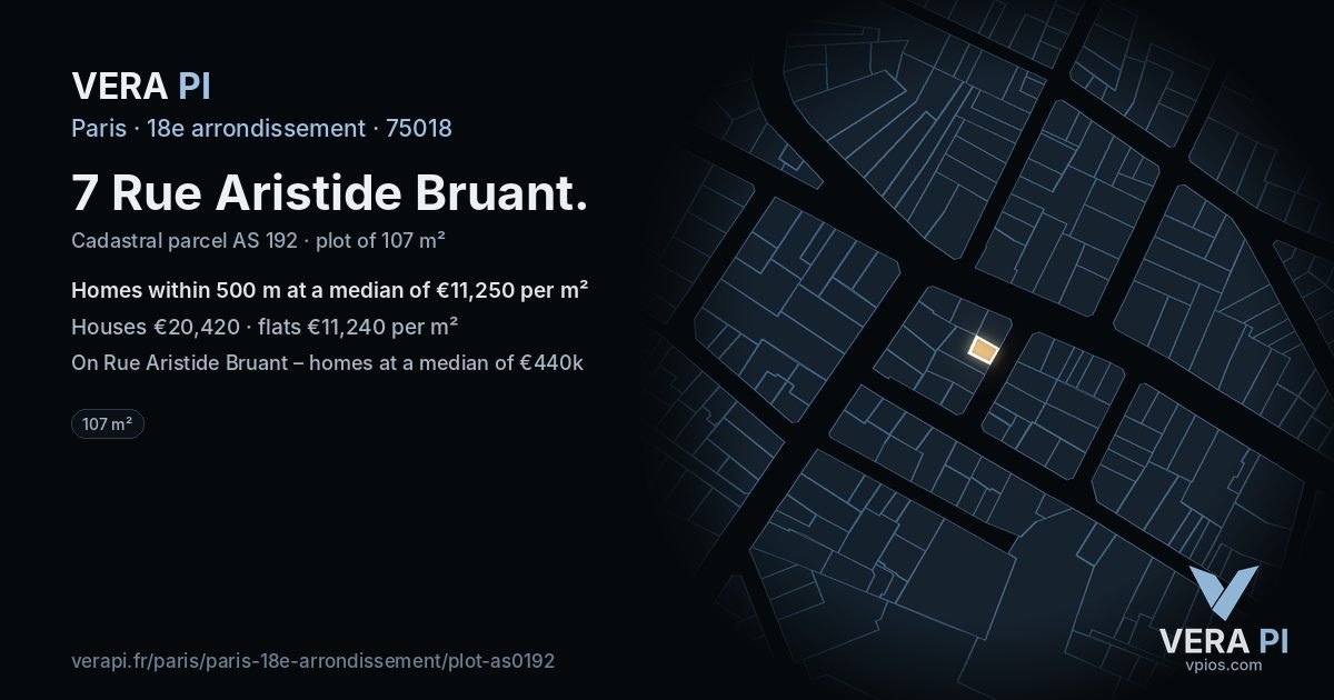 7 Rue Aristide Bruant, 18e arrondissement at night – the plot lit, the parcels around coloured by the prices near them
