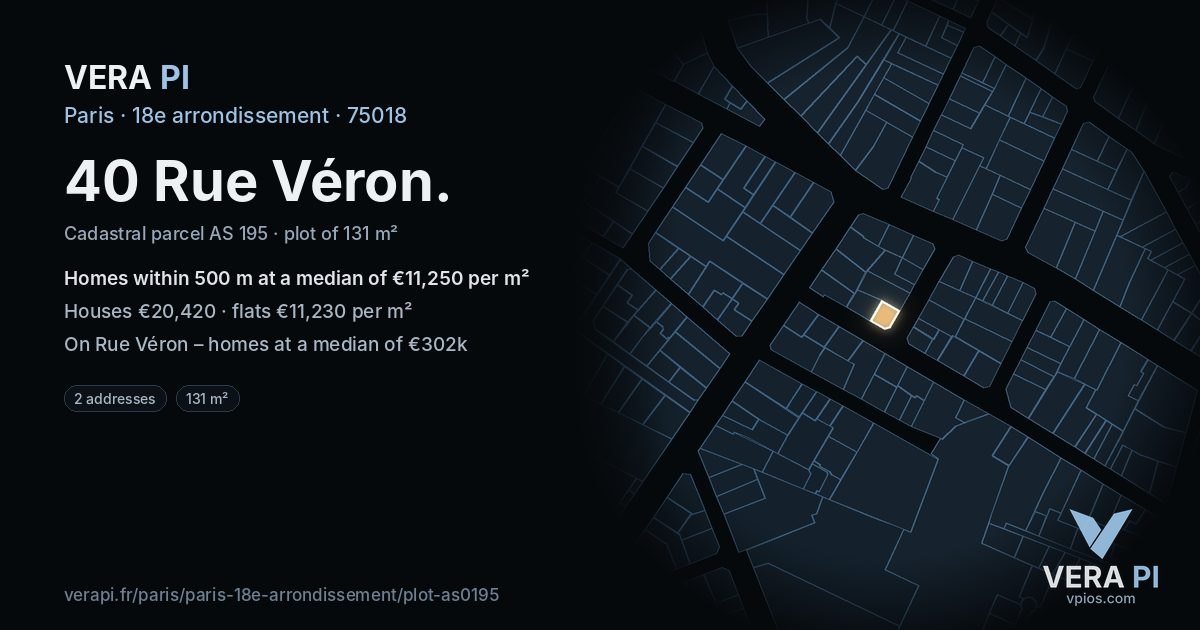 40 Rue Véron, 18e arrondissement at night – the plot lit, the parcels around coloured by the prices near them