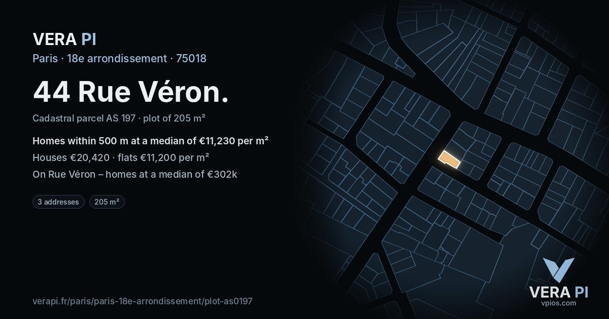 44 Rue Véron, 18e arrondissement at night – the plot lit, the parcels around coloured by the prices near them