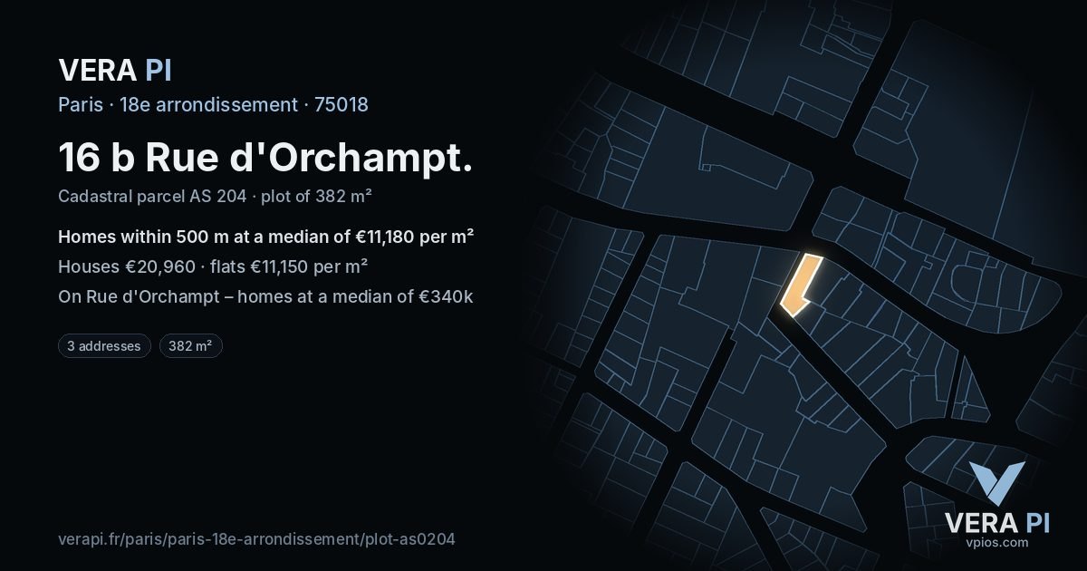 16 b Rue d'Orchampt, 18e arrondissement at night – the plot lit, the parcels around coloured by the prices near them