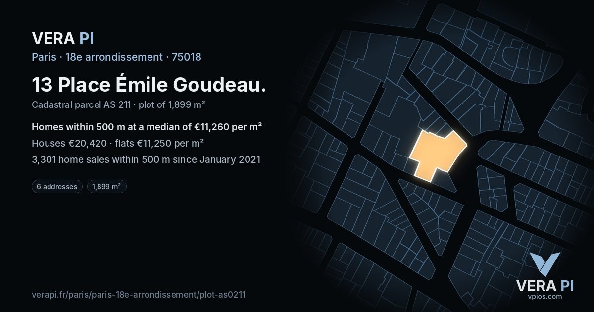 13 Place Émile Goudeau, 18e arrondissement at night – the plot lit, the parcels around coloured by the prices near them
