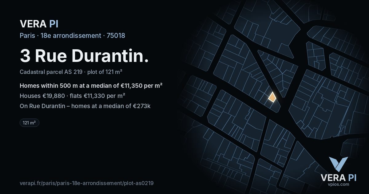 3 Rue Durantin, 18e arrondissement at night – the plot lit, the parcels around coloured by the prices near them