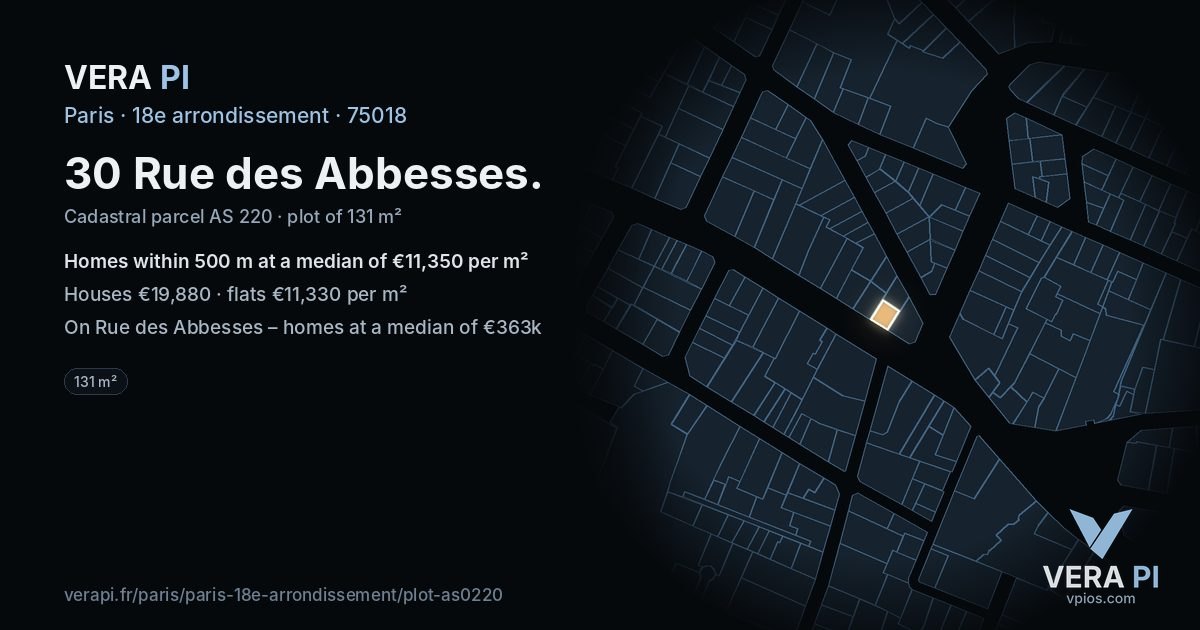 30 Rue des Abbesses, 18e arrondissement at night – the plot lit, the parcels around coloured by the prices near them