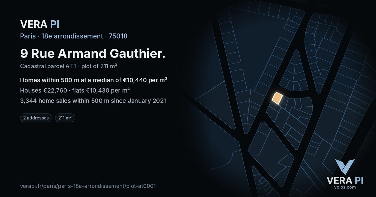 9 Rue Armand Gauthier, 18e arrondissement at night – the plot lit, the parcels around coloured by the prices near them